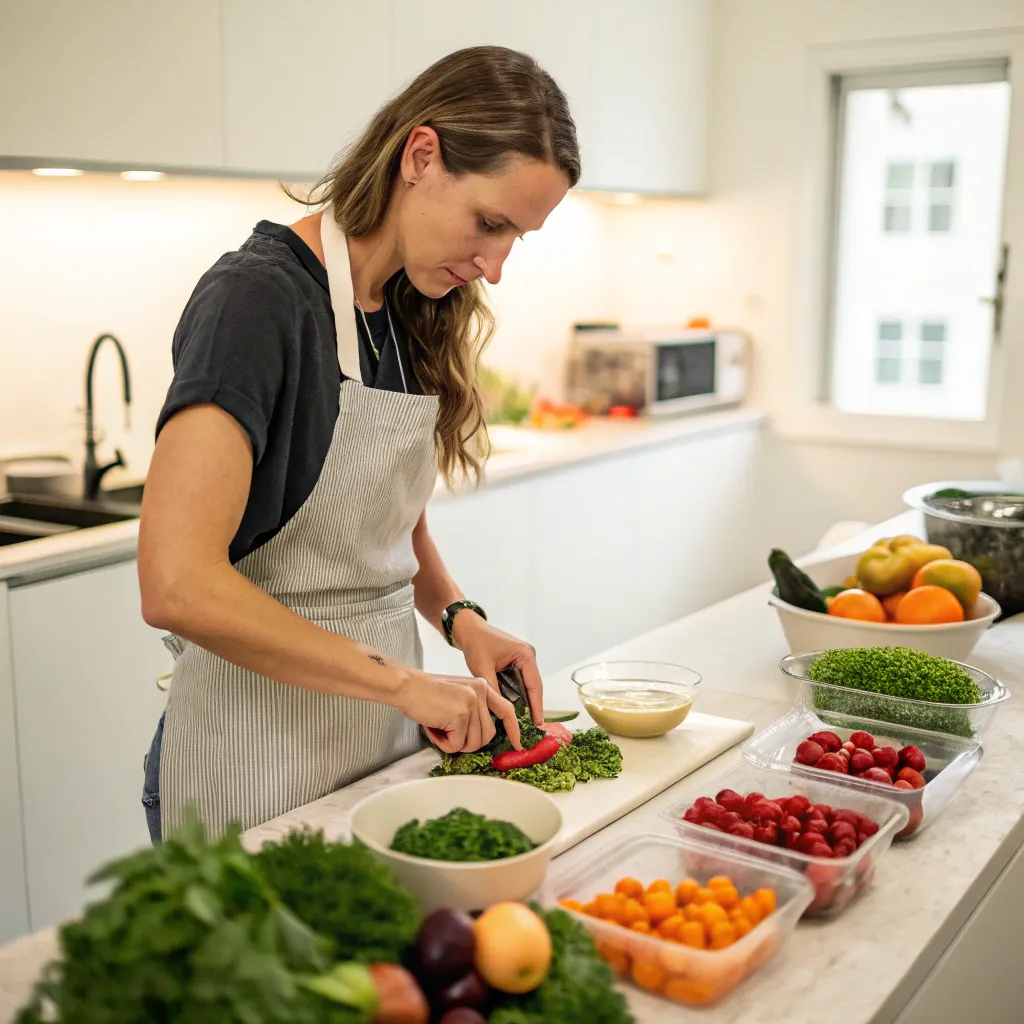 Alexandra Bennett preparing raw food in a kitchen setting
