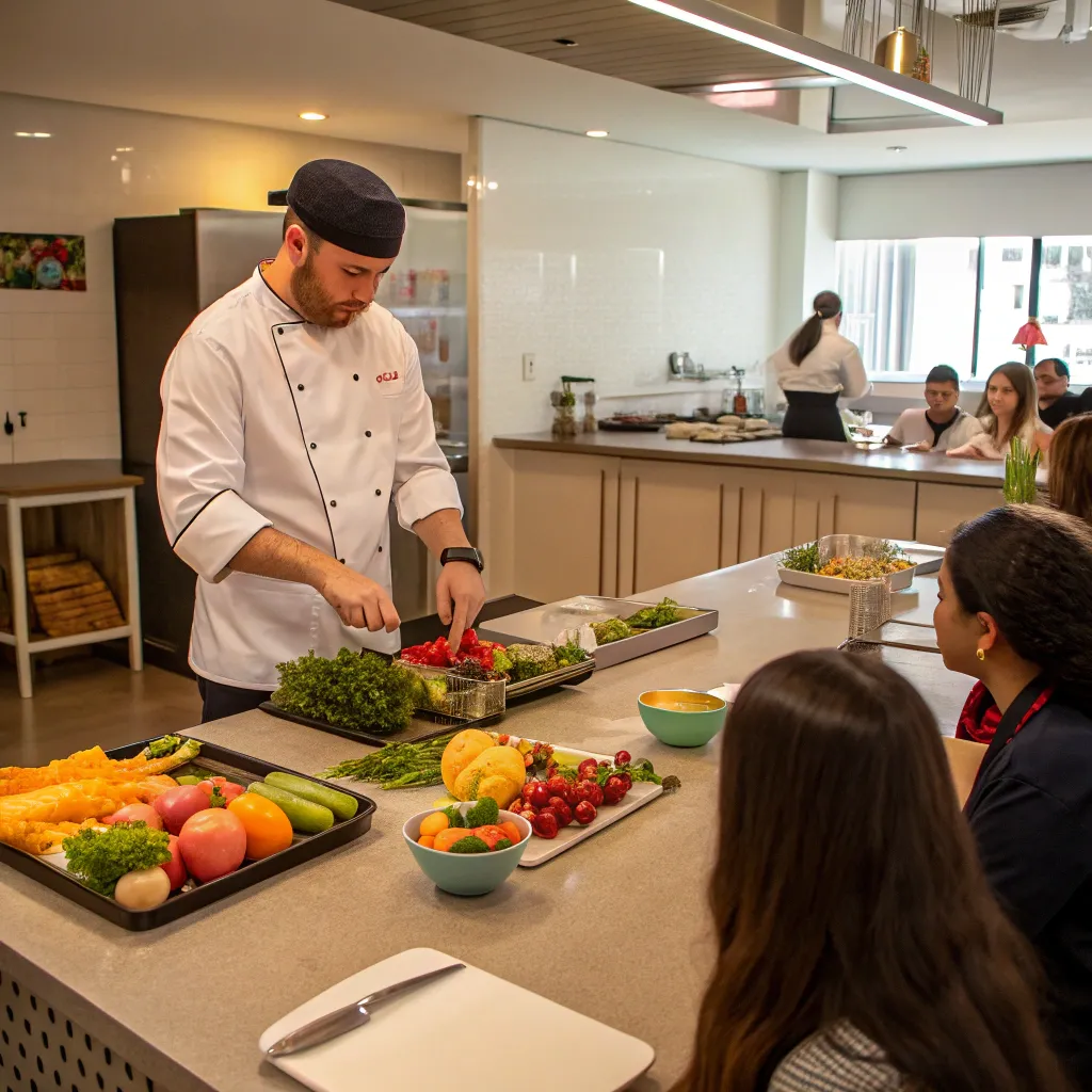 Chef demonstrating raw food preparation in a class